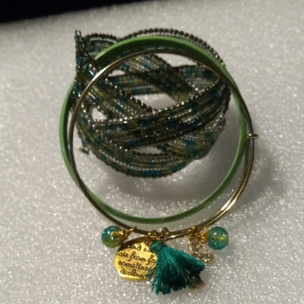 Braided green and silver cuff bracelet and Green and Gold Bangle Set